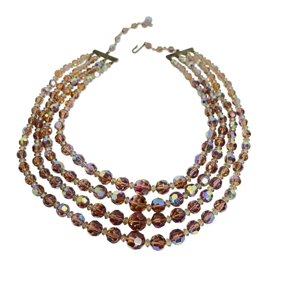 Gold Tone 4-Strand Aurora Borealis Beaded Necklace With Hook Clasp (6122) - Picture 2 of 8